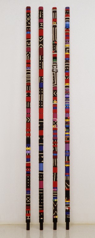 99 x width variable. Fabric, wood, tape, fiber, collage, paint